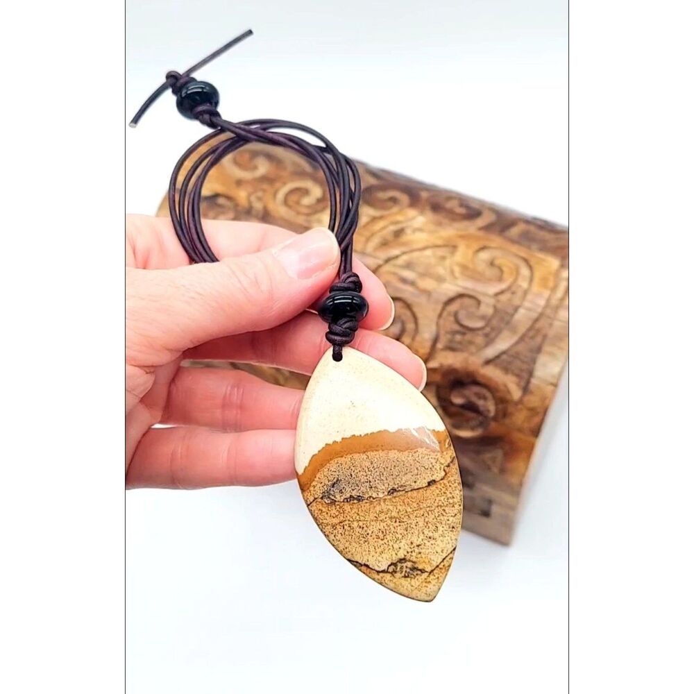 Large Picture Jasper Necklace Leather Cord Natural Stone Pendant
